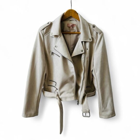 Philosophy Jackets & Blazers - Philosophy Cream Faux Leather Suede Moto Jacket Asymmetrical Zipper Belt Size L